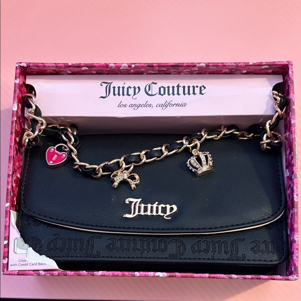 Juicy Couture Black Clutch with Charms & Gold Chain Accents